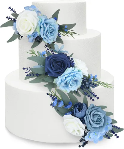Miniatura 13 de Rinlong 3 piezas de decoración de pastel de flores azules para bebé, decoraciones de pastel, topper de pastel para boda, decoración de pastel