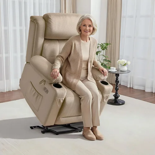 Miniatura 2 de MCombo Silla Reclinable Mediana de Elevación con Triple Motor Eléctrico con Masaje y Calor para Personas Mayores, Reposacabezas Ajustable, Posición