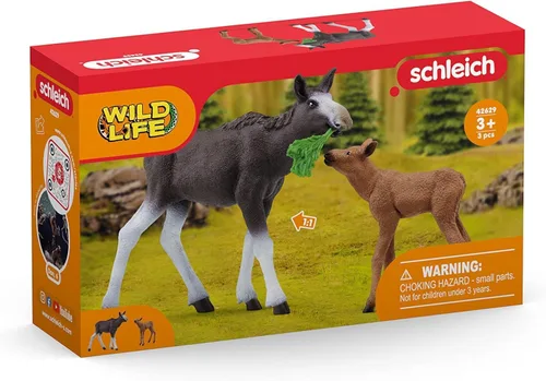Miniatura 5 de Schleich Wild Life - Juego de juguetes de animales del bosque de América del Norte con alce natural realista y ternero, regalo para niños pequeños