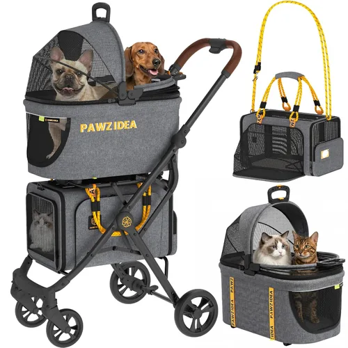 Miniatura 11 de PAWZIDEA Carriola doble para mascotas con 2 portamascotas desmontables, jaula portátil para perros para viajes en automóvil y porta gatos expandible