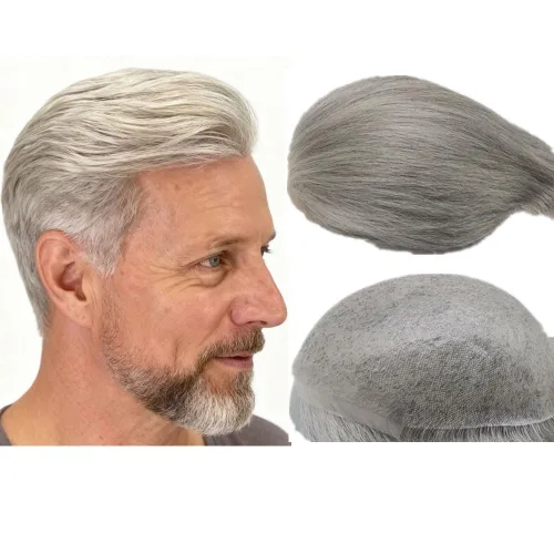 Miniatura 11 de N.L.W. Peluquín de cabello humano para hombres, base de piel fina de 0.04mm PU, tamaño base 25 x 20 cm, nudos en V, prótesis capilar, sistema
