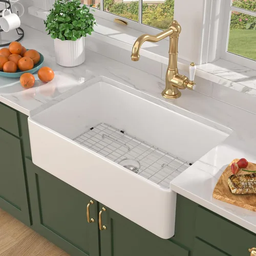 Miniatura 19 de Fregadero blanco de granja – Delantal de fregadero de arcilla refractaria de 24 pulgadas, estilo campestre, fregaderos de porcelana para granja, 24