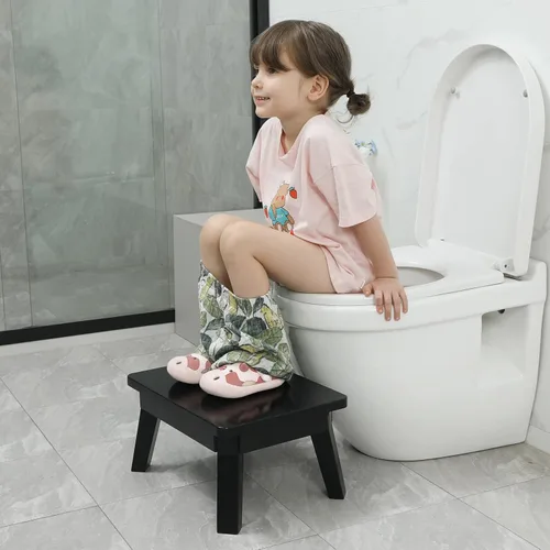 Miniatura 4 de HOUCHICS Taburete de madera, taburete de un solo paso para adultos y niños, taburetes de madera para adultos, baño, dormitorio (negro)