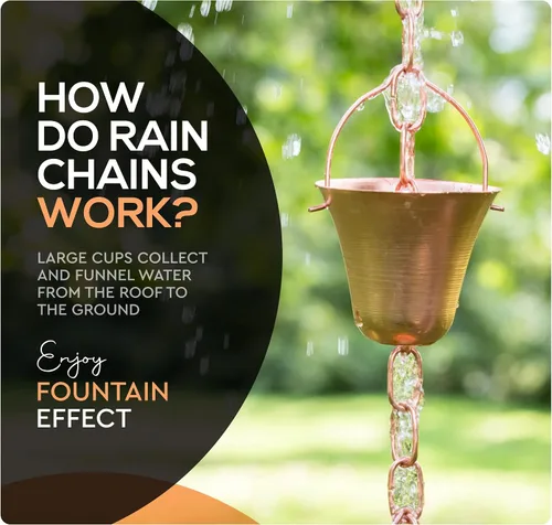 Miniatura 7 de Cadena de lluvia de cobre – Campanas decorativas y tazas reemplazan la canaleta y desvían el agua lejos de casa para una impresionante exhibición