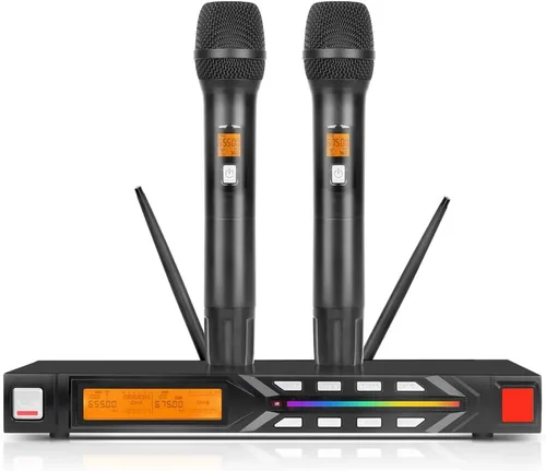 Miniatura 10 de NG-9 UHF Sistema de micrófono inalámbrico dual con 2 micrófonos dinámicos de mano, antiinterferencias de grado profesional, micrófono de dos manos