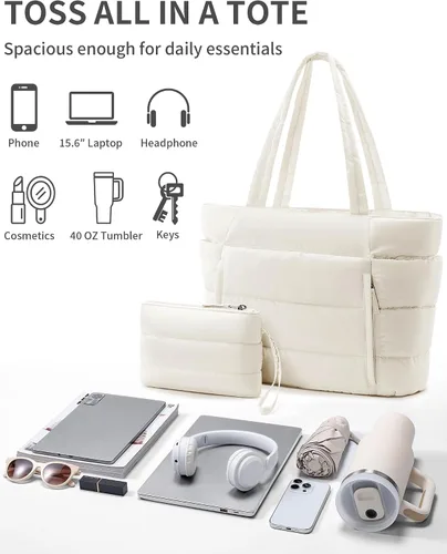 Miniatura 7 de Bolsa Tote Acolchada para Mujeres, Bolsa de Mano de Trabajo Ligera y Esponjosa para Maestras y Enfermeras, Bolsa de Hombro Acolchada para Escuela
