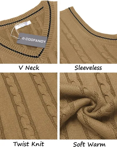 Miniatura 5 de COOFANDY Suéter para hombre, cuello en V, ajustado, casual, sin mangas, tejido trenzado