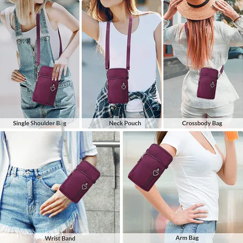 Miniatura 5 de Bolso cruzado de nailon para mujer para viaje, bolso de hombro para teléfono celular con pulsera, brazalete deportivo, cartera para teléfono Púrpura
