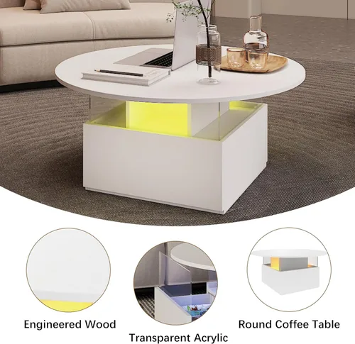 Miniatura 6 de HedoAjim Mesa de café redonda de 31.5" para sala de estar, mesa moderna de sala de estar con LED y almacenamiento, mesas de café cuadradas