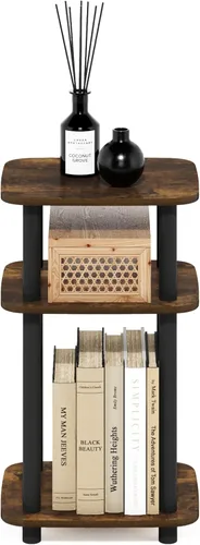 Miniatura 4 de Furinno JUST - Mesita lateral de 3 niveles con tubo giratorio N, estante abierto, mesita de noche con esquina curva redonda, mesita de cama, fácil