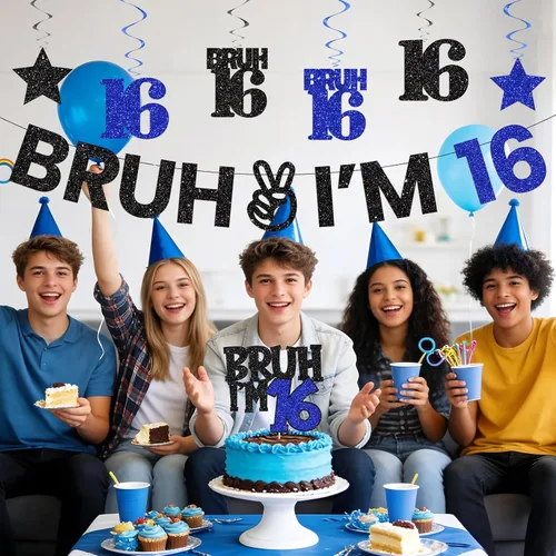 Miniatura 2 de Bruh I'm 16 - Decoraciones de cumpleaños para niños, kit de decoración de fiesta de dulces 16 con pancarta pre-encordada, remolinos colgantes y 16