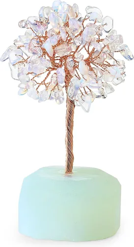QINJIEJIE Decoración del árbol de la vida con cristales curativos de ópalo, piedra de cristal natural, piedra de reiki, base de opalita blanca,