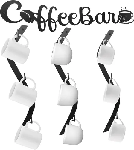 Peryiter Soporte para taza de café, soporte de pared para taza de café, con estante de bar, curva, soporte para colgar en la pared con 9 ganchos