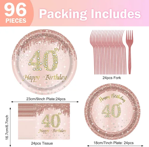 Miniatura 2 de Decoraciones de cumpleaños número 40 para mujer, juego de 96 platos y servilletas de cumpleaños de 40 años, platos de oro rosa, platos de papel