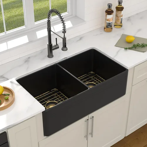 Miniatura 3 de Dcolora Fregadero de porcelana de cerámica negra de 33 pulgadas, fregadero de cocina frontal con delantal de arcilla refractaria con accesorios