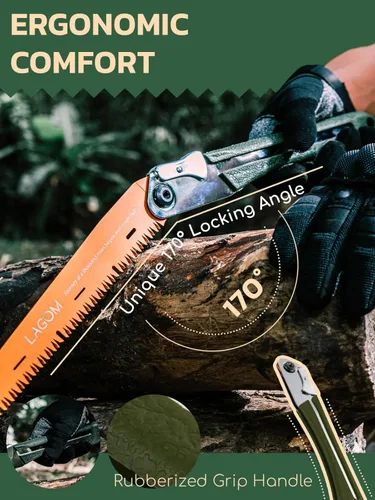 Miniatura 6 de LAGOM Sierra plegable de campamento para cortar ramas, hoja recta de 8.2" Acero SK5, mango ergonómico, uso con una mano, bloqueo seguro
