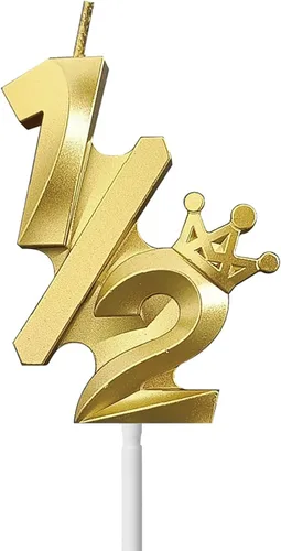 Vela de cumpleaños número 1/2 de medio año, seis meses, decoración de pastel feliz, corona 3D (corona-1/2, dorado)