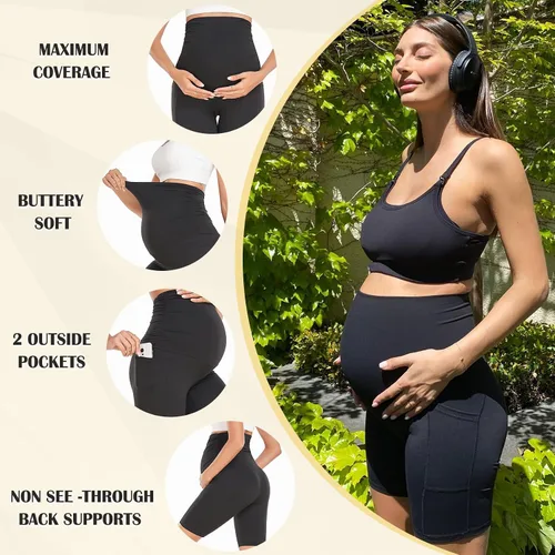Miniatura 4 de GROTEEN Paquete de 3 pantalones cortos de maternidad para mujer con bolsillos, cintura alta de 8 pulgadas, pantalones cortos de ciclismo