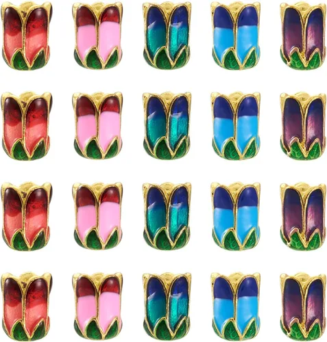 Miniatura 12 de Pandahall - 10 tapas de cuentas de aleación esmaltadas de 4 pétalos, 0.709 x 0.472 in, espaciadores florales dorados, cuentas de cono sueltas