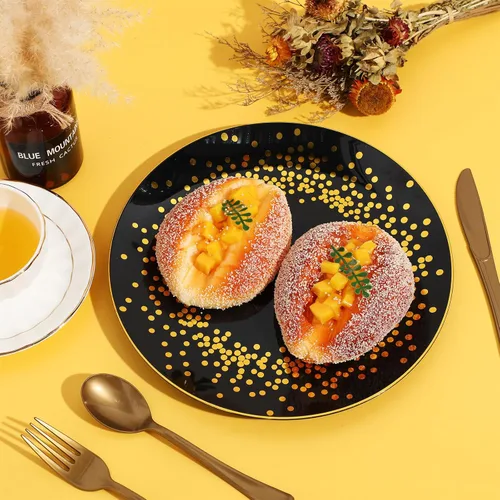 Miniatura 4 de Hsei 100 platos de plástico negros y dorados a granel desechables para Halloween, platos redondos de postre para cenas, bodas, cumpleaños, Navidad