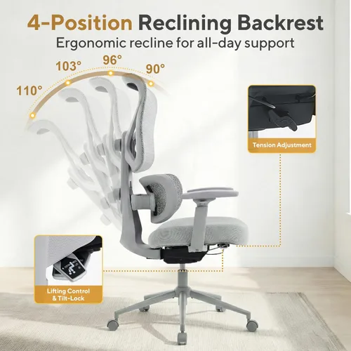 Miniatura 6 de Nouhaus Ergo Morph Silla de oficina ergonómica, sillas de oficina de malla con respaldo alto con soporte lumbar dinámico de doble zona, respaldo Gris