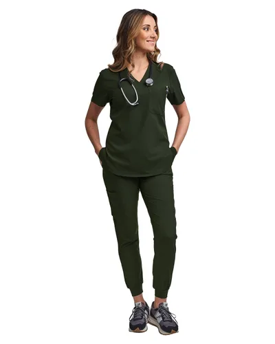 Miniatura 48 de Green Town Conjunto de ropa quirúrgica para mujer, pantalón deportivo y parte superior con cuello en V, 5 bolsillos, cintura de yoga, uniforme