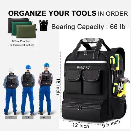 Miniatura 2 de Mochila de herramientas para hombres de 18 pulgadas resistente al agua de servicio pesado con múltiples bolsillos, organizador de bolsa de Negro