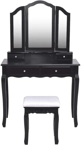 Miniatura 3 de Casart Tri Espejo Plegable Baño Vanidad Maquillaje Mesa Taburete Set Muebles para el Hogar con 4 Caj