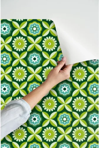 Miniatura 3 de Papel tapiz para despegar y pegar, diseño retro verde con diseño de flores vintage botánicas de los años 70 y 1960 Spoonflower