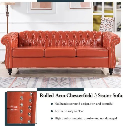 Miniatura 4 de Chesterfield - Sofá tapizado de piel sintética, con respaldo copetudo, sofá clásico de cuero de 3 plazas, brazo enrollado para sala de estar, Naranja