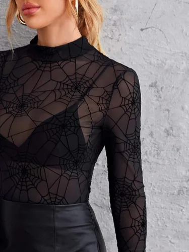 Miniatura 4 de Floerns - Blusas de malla transparente con estrellas, de manga larga, con cuello alto, para mujer