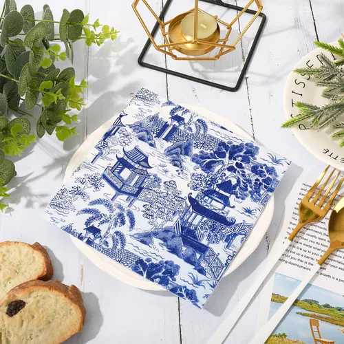 Miniatura 4 de 80 servilletas de papel desechables de cóctel toscano, servilletas de papel azul y blanco para bebidas para el hogar, fiesta, suministros de mesa