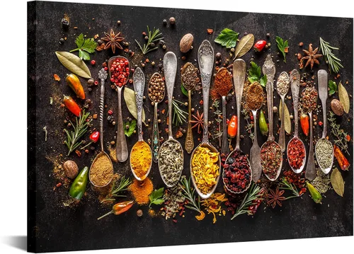 Nachic Wall Cuadro de cocina en lienzo impreso con varias especias coloridas en cucharas vintage, arte de pared para comedor, restaurante,