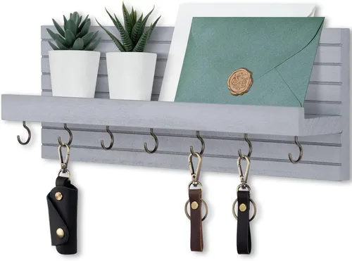 Miniatura 12 de Lwenki Soporte decorativo para llaves de pared con estante, estante de entrada con ganchos para correas, chaquetas y gafas, colgador de entrada