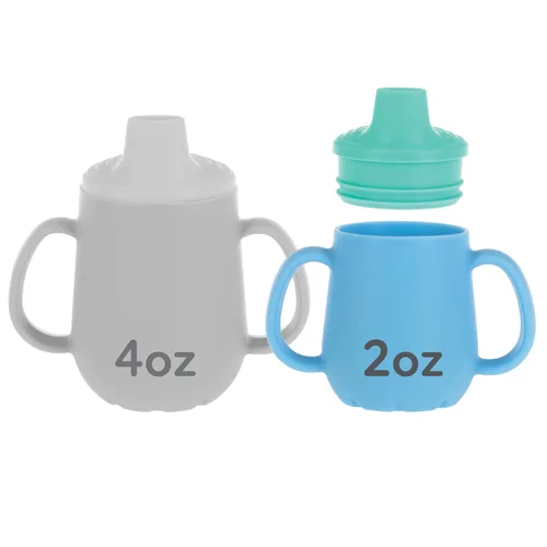 Nuby First Training Cup - Taza de silicona con boquilla de flujo libre y diseño de fácil agarre, 2 onzas, más de 6 meses, aguamarina y azul