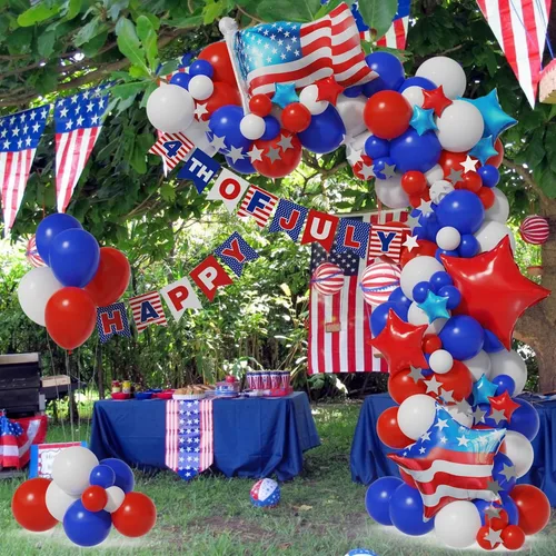 Miniatura 5 de Kit de arco de guirnalda de globos del 4 de julio, 100 globos azul marino, rojo y blanco con pancarta de papel para suministros de fiesta patriótica