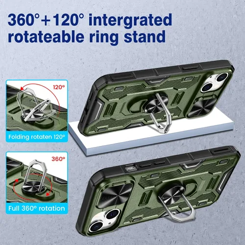 Miniatura 3 de VEGO Funda para iPhone 13 y iPhone 14 con soporte de clip para cinturón, cubierta deslizante para cámara y soporte magnético giratorio de 360°