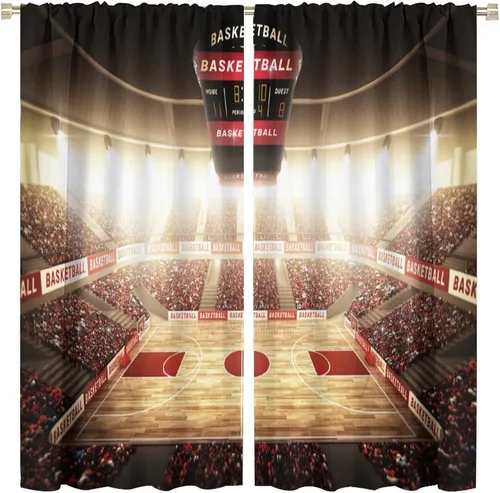Miniatura 10 de Cortinas deportivas de baloncesto para niños, patrón de llama de bola 3D naranja, 42 pulgadas de ancho x 45 pulgadas de largo