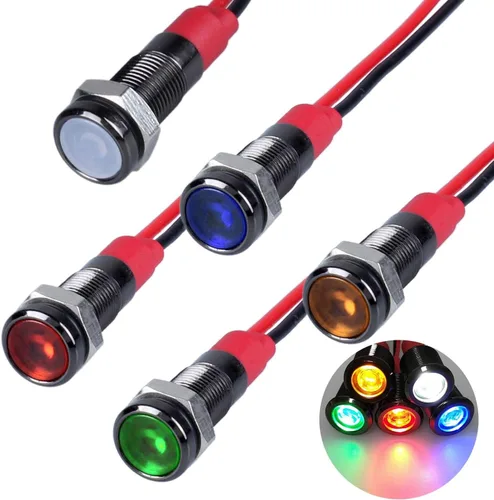 Miniatura 18 de 5 unidades de 0.236 in 12V-24V 20mA luz indicadora LED de metal de ahorro de energía, bisel cromado negro, orificio de montaje de 1/4 pulgadas