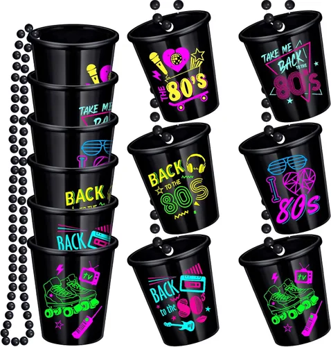 Janmercy Paquete de 12 decoraciones de fiesta temática de los años 80, vasos de plástico con cuentas, accesorios de regreso a los años 80, recuerdos