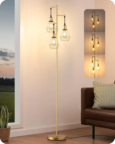 Miniatura 11 de EDISHINE Lámparas de Pie Estilo Granja de 70 Pulgadas para Sala de Estar, Lámparas Industriales Altas de Pie Regulables con 3 Bombillas LED Edison