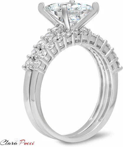 Miniatura 6 de Juego de anillos de compromiso de 2,66 quilates de corte princesa con moissanita auténtica y diamantes de imitación, de oro blanco sólido de 14