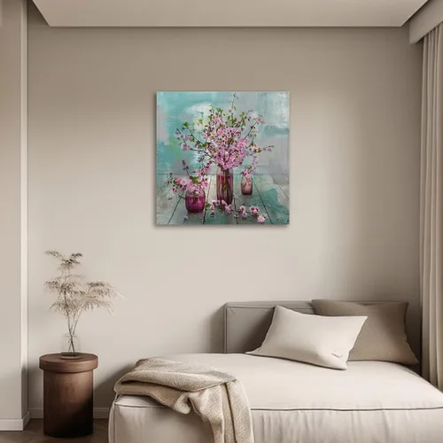 Miniatura 5 de Acocifi Lienzo de flores rosas para pared, cuadro abstracto, verde azulado, turquesa, acuarela, melocotón, pintura, enmarcado, para baño, sala