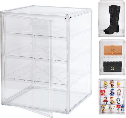 BOHOIDEE Vitrina de acrílico 3XL de 4 niveles de 17.7"X13"X13" con 3 tableros divisorios, caja organizadora transparente de plástico con puerta
