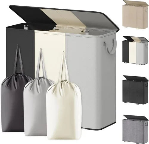 Miniatura 25 de Lifewit Cesta de lavandería doble con tapa y bolsas de lavandería extraíbles, gran plegable, 2 divisores, cesta de ropa sucia con asas para Negro