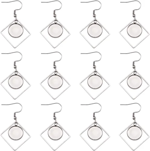 Miniatura 17 de FASHEWELRY 54Pcs Bandejas de bisel para pendientes de acero inoxidable en blanco Geometría rombos lágrima con cabujones de vidrio redondo de 12 mm