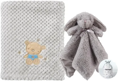 CREVENT Mantas de bebé suaves y acogedoras para niños y niñas + manta de seguridad, juego con una bolsa de regalo esenciales para recién nacidos Gris