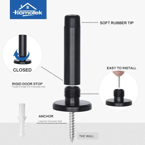 Miniatura 3 de HOMOTEK Paquete de 2 topes de puerta rígidos sólidos resistentes con punta de goma suave, protectores de pared de zinc fundido a presión de 2.8