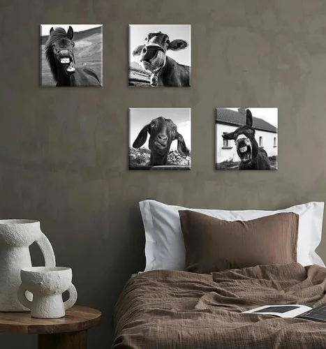 Miniatura 6 de Arte de pared en blanco y negro para pared, diseño de animales, caballos, burros, ovejas, vacas, cuadros divertidos para decoración de dormitorio