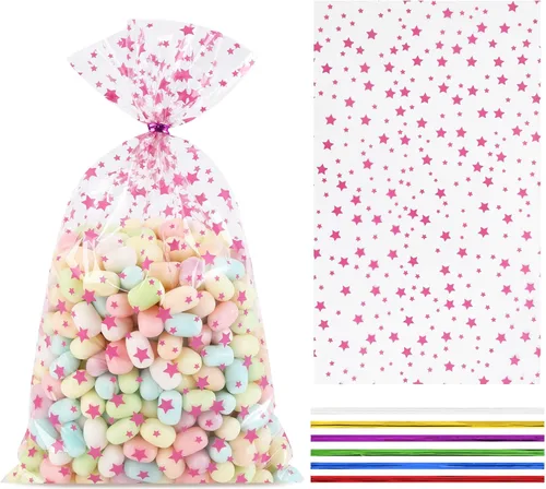 Miniatura 56 de 100 bolsas de regalo de celofán con estampado de estrellas, de 6 x 10 pulgadas, bolsas de regalo de celofán, bolsas de regalo de fiesta, bolsas
